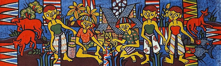 Batik Panel - Group of Girls and Cats, Large, 17 x 58in Batik Panel - Group of Girls and Cats, Large, 17 x 58in