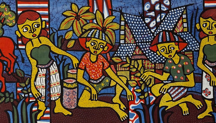 Batik Panel - Group of Girls and Cats, Large, 17 x 58in Batik Panel - Group of Girls and Cats, Large, 17 x 58in