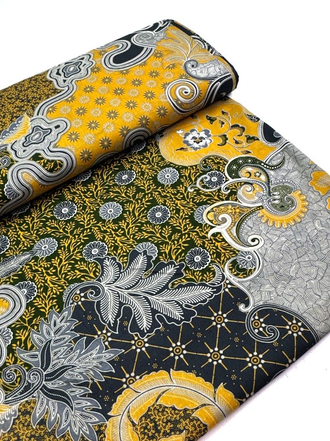 Traditional Indonesian Printed Cotton Fabric - Floral, Blue/Green/Yellow