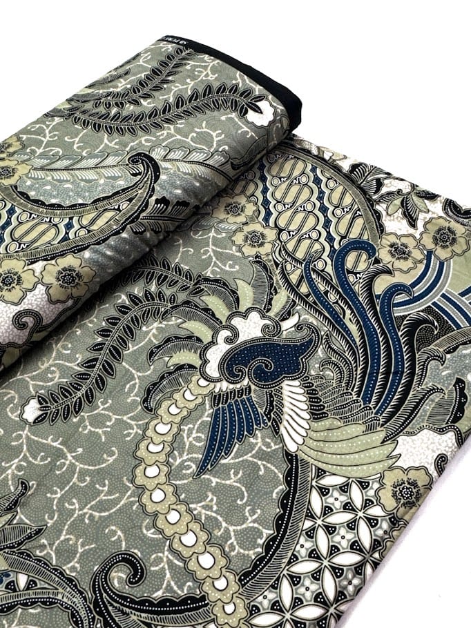 Traditional Indonesian Printed Cotton Fabric - Feathers and Flowers, Blue/Beige/Green