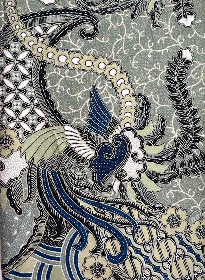 Traditional Indonesian Printed Cotton Fabric - Feathers and Flowers, Blue/Beige/Green