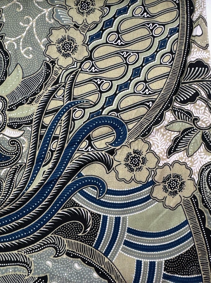 Traditional Indonesian Printed Cotton Fabric - Feathers and Flowers, Blue/Beige/Green