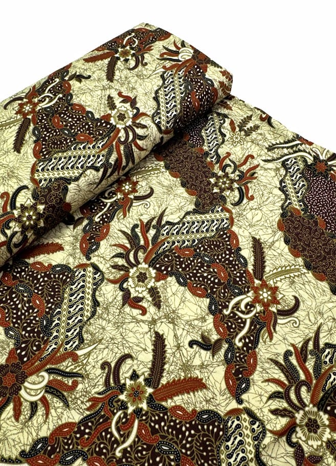 Traditional Indonesian Printed Cotton Fabric - Abstract Floral, Beige