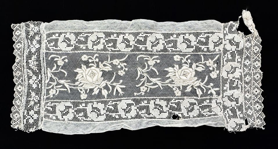 Antique Lace Piece - Embroidered Roses, 7 x 15.5in Antique Lace Piece - Embroidered Roses, 7 x 15.5in