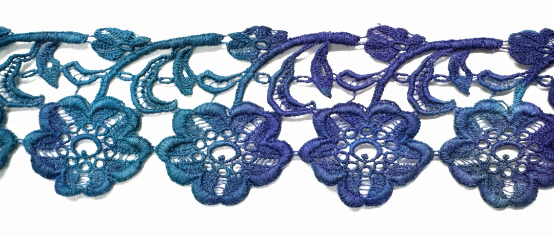 Hand Dyed Machine Rayon Trim - Blue Daisies 2.5" | Mixed Media Textile Trim