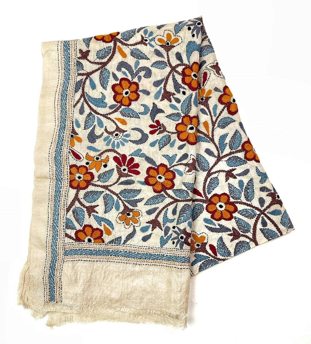 Kantha Stitched Silk Fabric, Cream Floral – Rust, Blue & Brown, Hand Stitched in India Kantha Silk Fabric, Cream Floral, Rust & Blue – Artistic Artifacts
