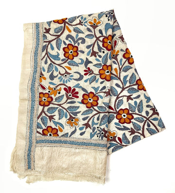 Kantha Stitched Silk Fabric, Cream Floral – Rust, Blue & Brown, Hand Stitched in India Kantha Silk Fabric, Cream Floral, Rust & Blue – Artistic Artifacts