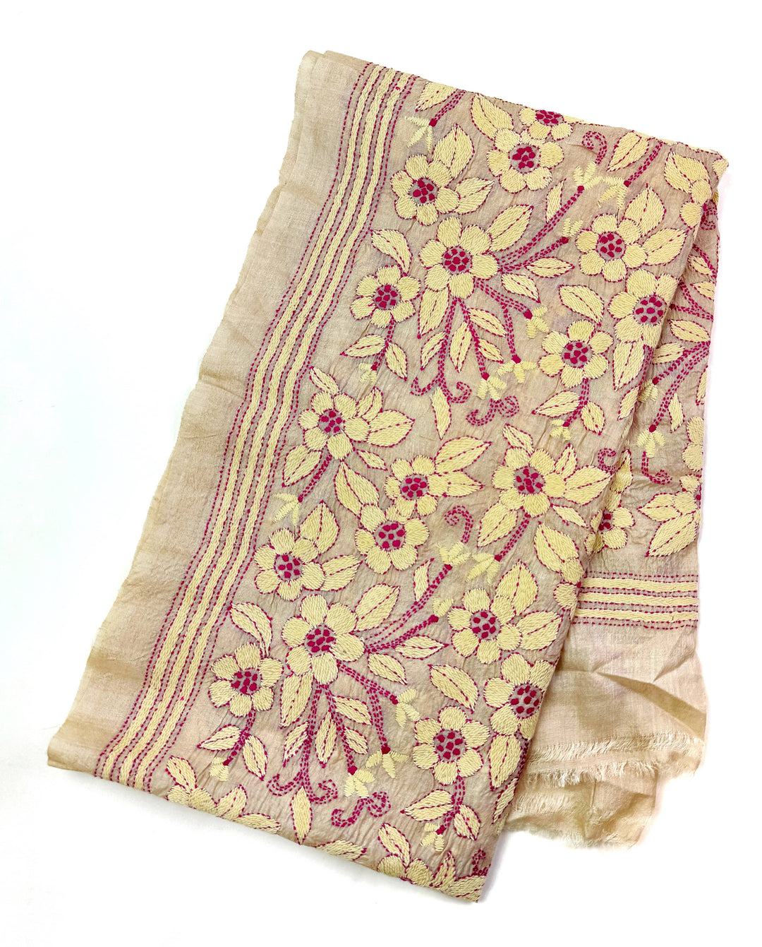 Kantha Stitched Silk Fabric, Champagne Floral – Ivory & Raspberry, Hand Stitched in India Kantha Silk, Champagne Floral Ivory & Raspberry – Artistic Artifacts