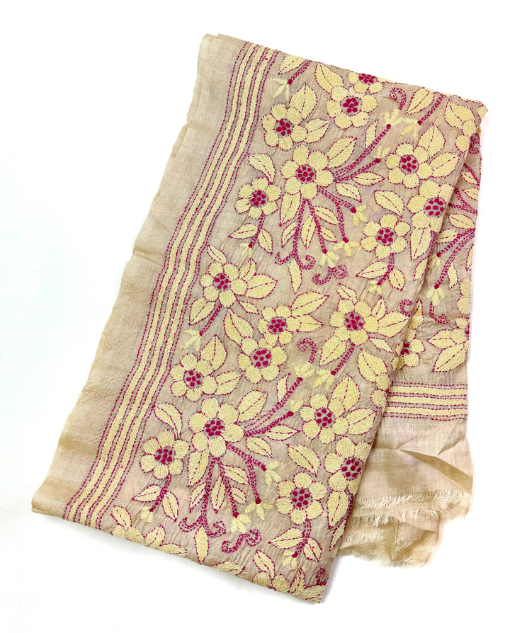 Kantha Stitched Silk Fabric, Champagne Floral – Ivory & Raspberry, Hand Stitched in India Kantha Silk, Champagne Floral Ivory & Raspberry – Artistic Artifacts
