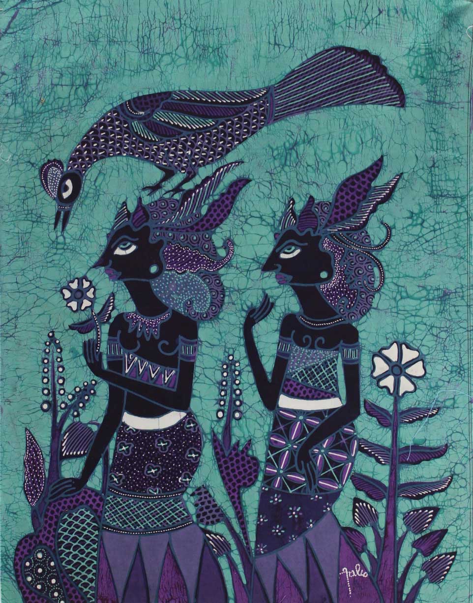 Batik Panel by Jaka, Two Puppets with Bird on Green