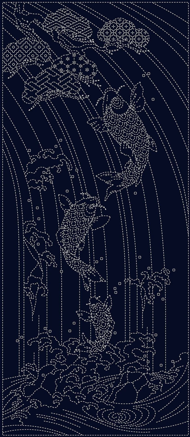 Wagara Sashiko Preprinted Fabric Panel - Splashing Spirits, Blue