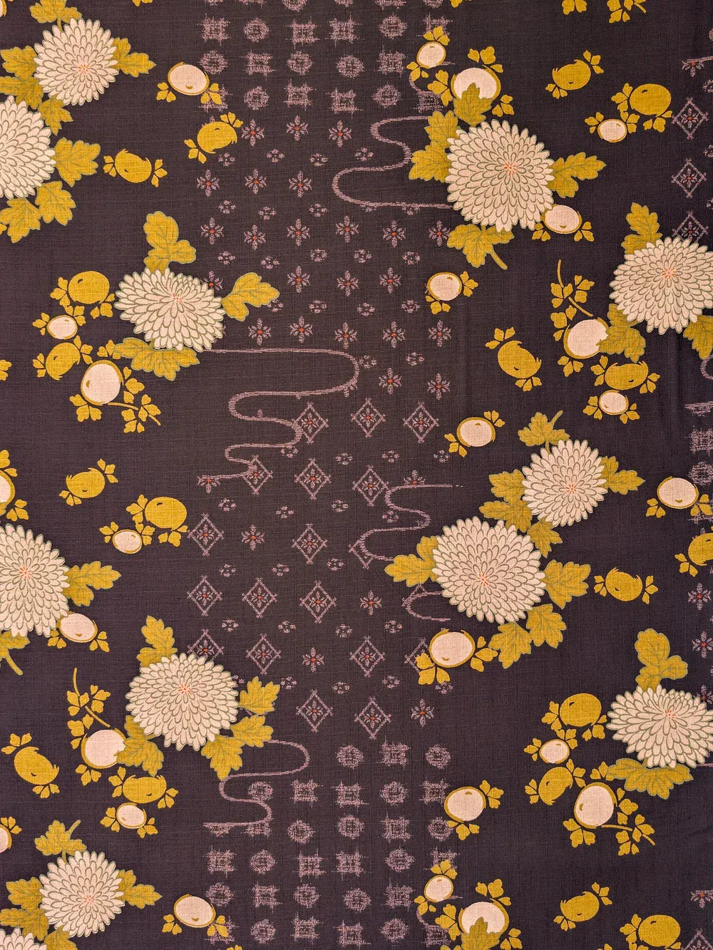 Kobayashi Japanese Dobby Fabric - Chrysanthemums & Patterned Kasumi, Eggplant Fruit and Chrysanthemum Eggplant Japanese Dobby Fabric - Kobayashi