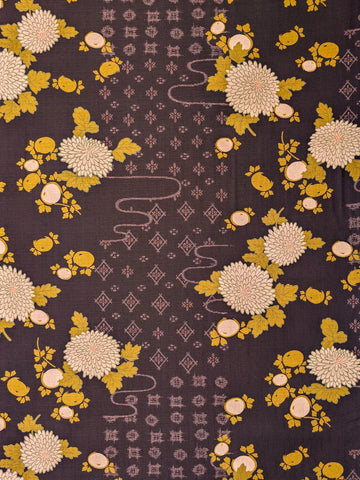 Kobayashi Japanese Dobby Fabric - Chrysanthemums & Patterned Kasumi, Eggplant Fruit and Chrysanthemum Eggplant Japanese Dobby Fabric - Kobayashi