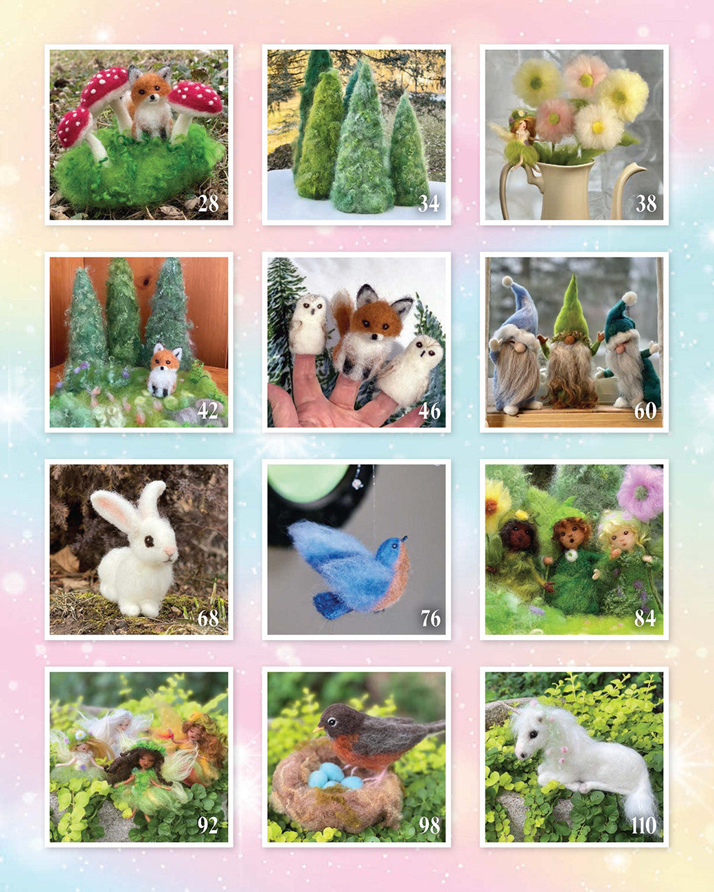 Assorted felted animal and floral crafts