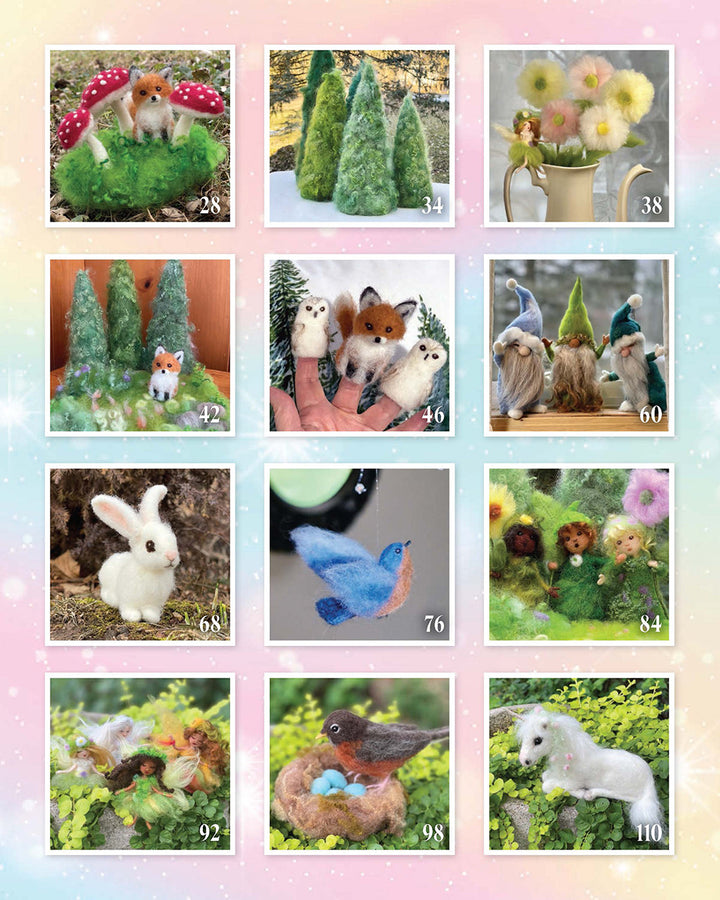 Assorted felted animal and floral crafts