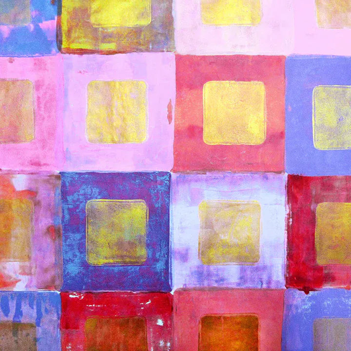 Colorful squares painting with gold centers