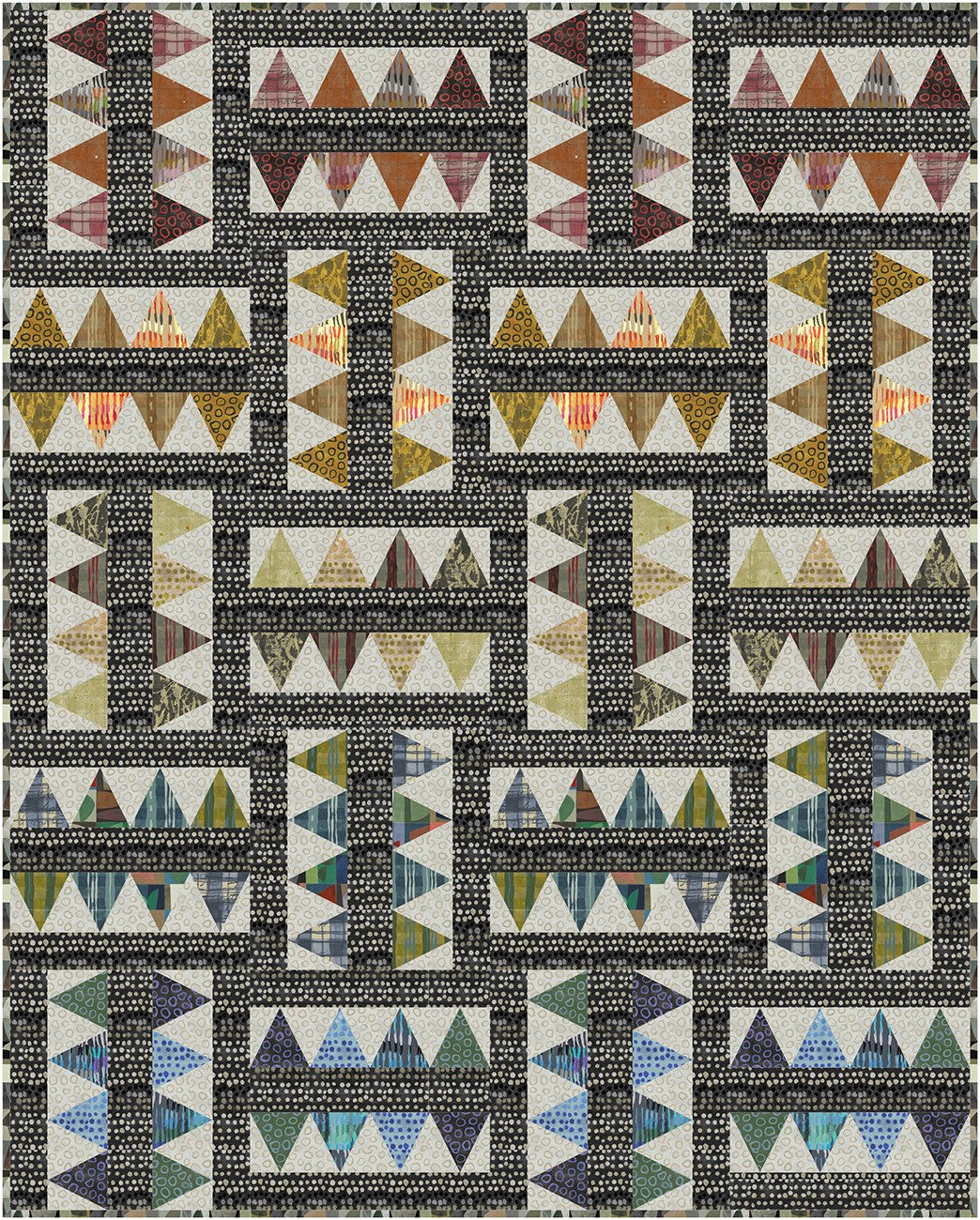 Geometric quilt with triangle and rectangular patterns.