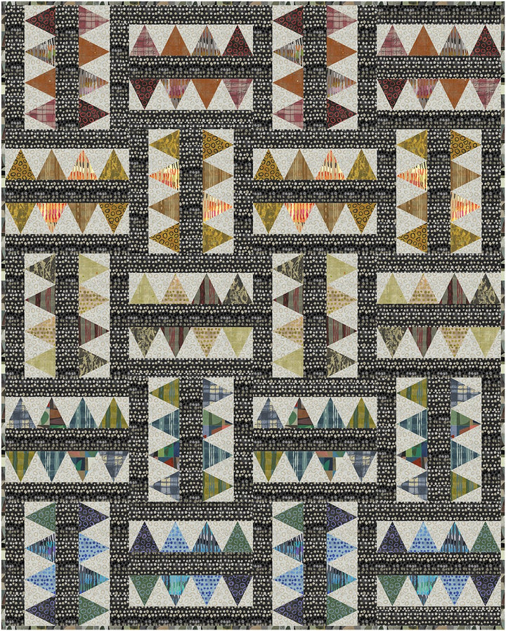 Geometric quilt with triangle and rectangular patterns.