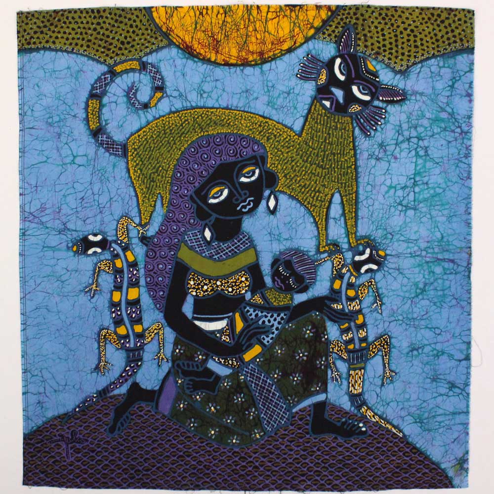 Batik Panel by Jaka, Woman & Child, on Blue
