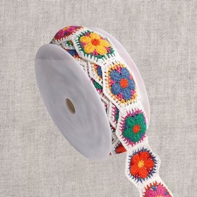 Crochet Flower Trim 2.16 in Multicolor with White Sold by the Yard