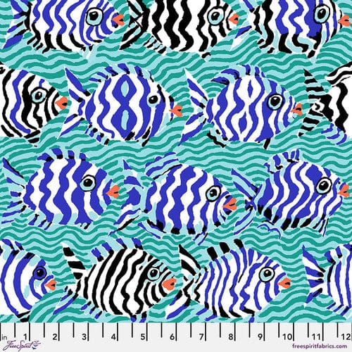 PWBM100.AQUA fabric with blue & white striped fish pattern