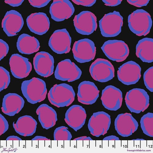Black fabric with pink and blue polka dots