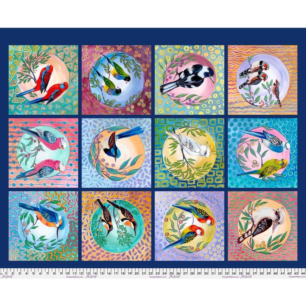 Birds of a Feather by Helen Godden - Bird Blocks Panel 36in x 44in Bird Blocks Panel 36in x 44in | Birds of a Feather Fabric