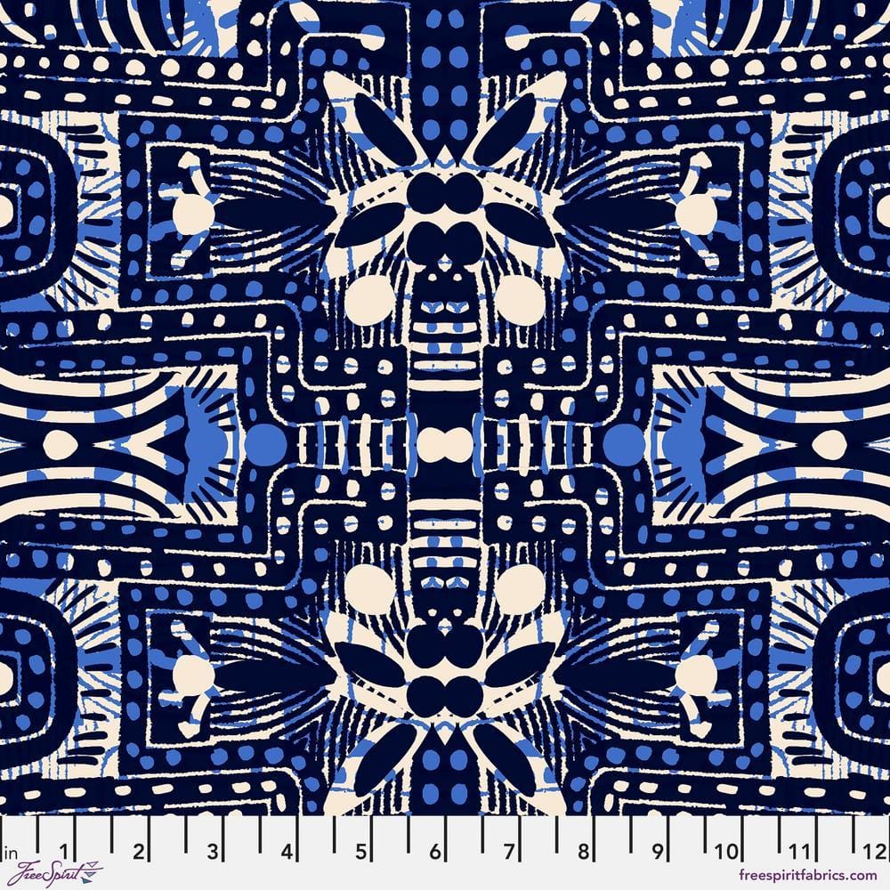 Echoes in Colour by Kitty McCall - Indigo Labyrinth, Midnight Indigo Labyrinth Midnight | Echoes in Colour Fabric by Kitty McCall