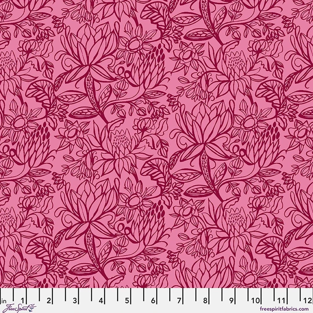 Springtime Splendour by Kirsten Katz - Garden Etchings, Raspberry Garden Etchings - Springtime Splendour by Kirsten Katz Fabric