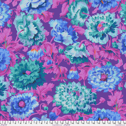 PWPJ134.BLUE floral fabric with teal, blue, and purple flowers