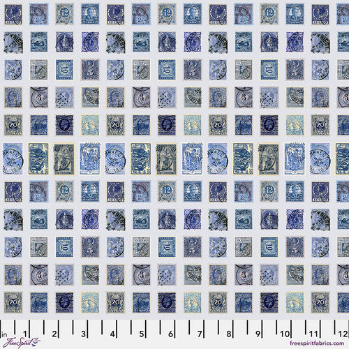 Blue vintage postage stamps pattern.