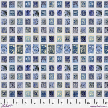 Blue vintage postage stamps pattern.