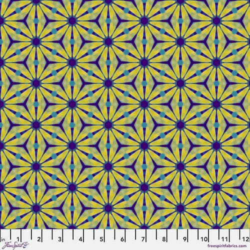 PWWR064 DAISY fabric - yellow, blue, and purple geometric pattern