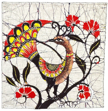 MEASUREMENT NEEDED Batik Panel from Sri Lanka - Peacock on White MEASUREMENT NEEDED Batik Panel from Sri Lanka - Peacock on White