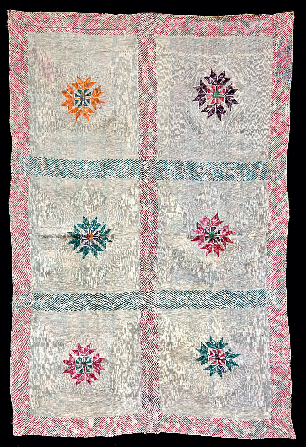 Vintage Kantha Blanket | Six-Star Cross Stitch Medallions | West Bengal India