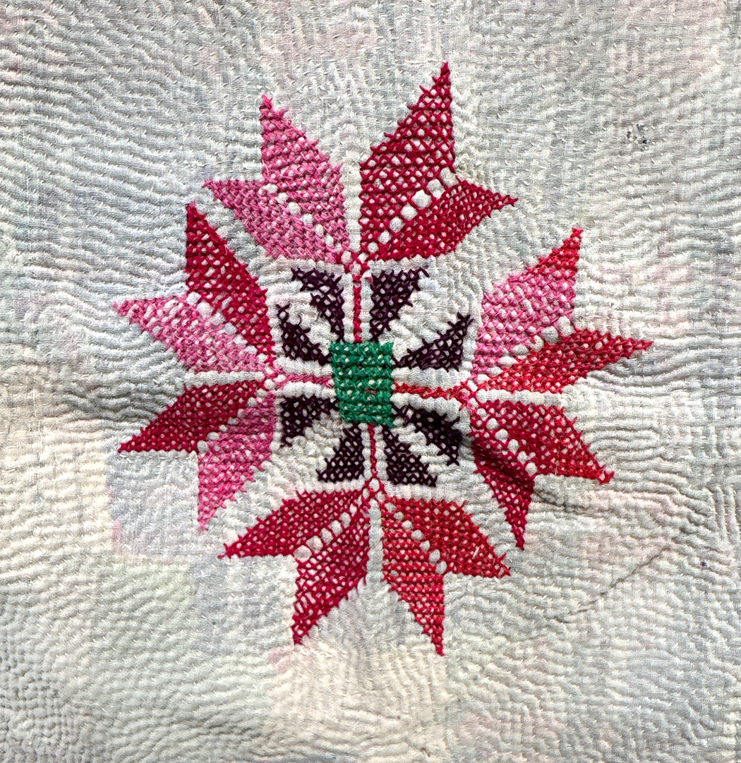 Vintage Kantha Blanket | Six-Star Cross Stitch Medallions | West Bengal India