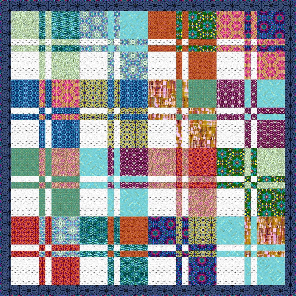 Plaid quilt with colorful patchwork squares and white grid lines.