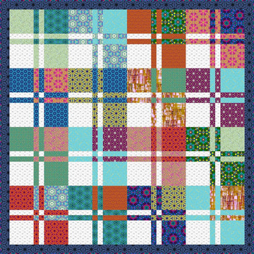 Plaid quilt with colorful patchwork squares and white grid lines.