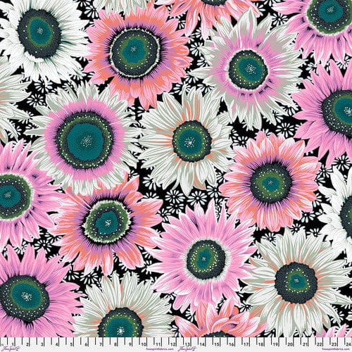 Black floral fabric with pink and white sunflowers