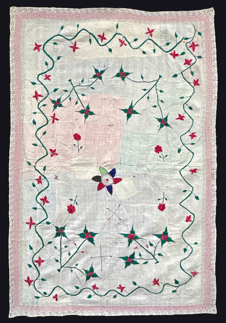 Vintage Hand Embroidered Cotton Blanket From West Bengal, India