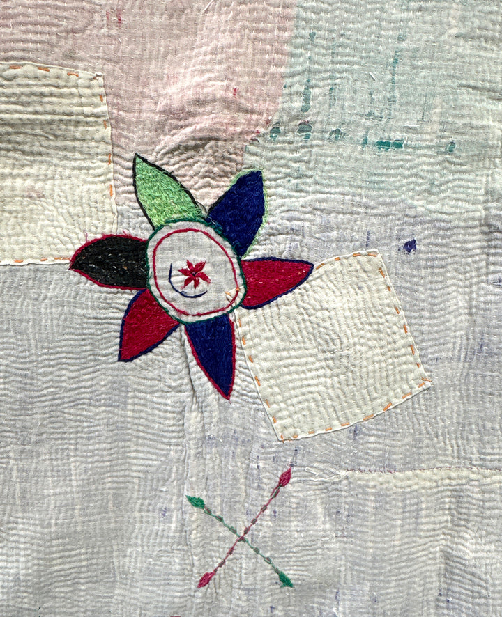 Vintage Hand Embroidered Cotton Blanket From West Bengal, India