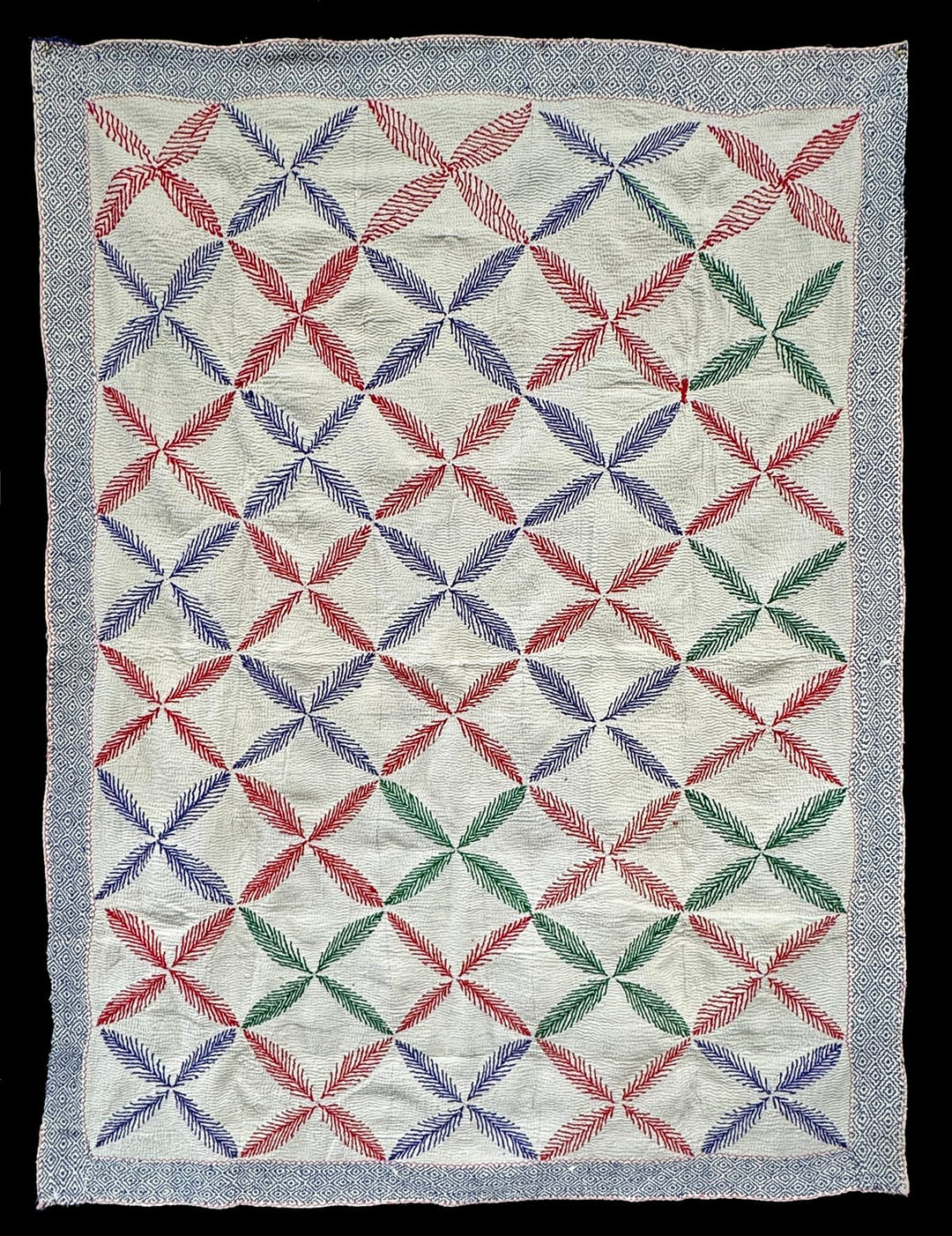 Vintage Kantha Blanket | Geometric 4- Leaf Pattern | West Bengal India | Artistic Artifacts