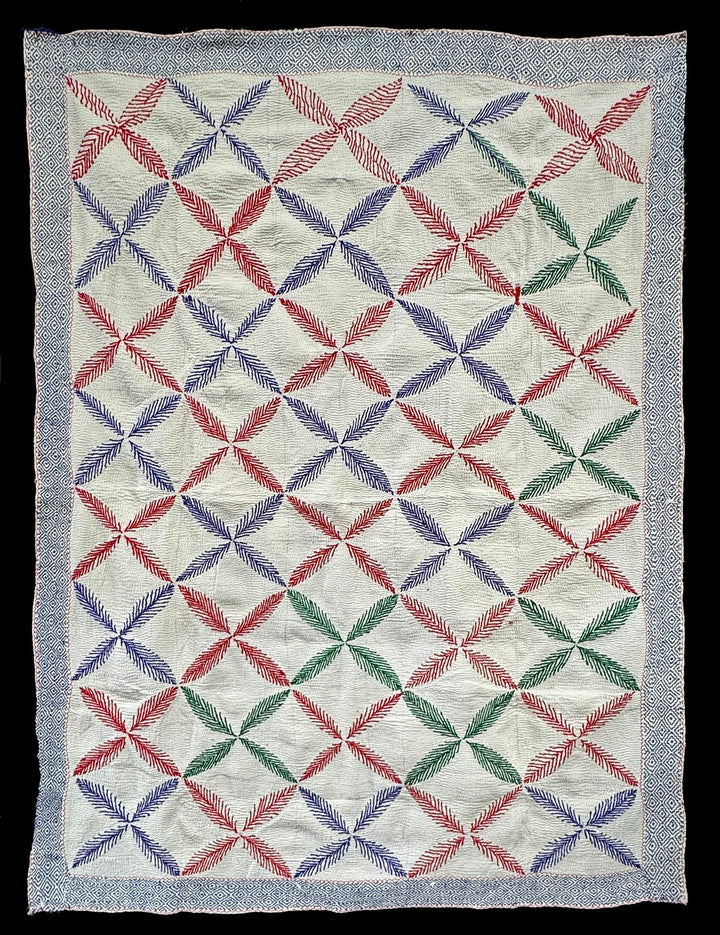 Vintage Kantha Blanket | Geometric 4- Leaf Pattern | West Bengal India | Artistic Artifacts