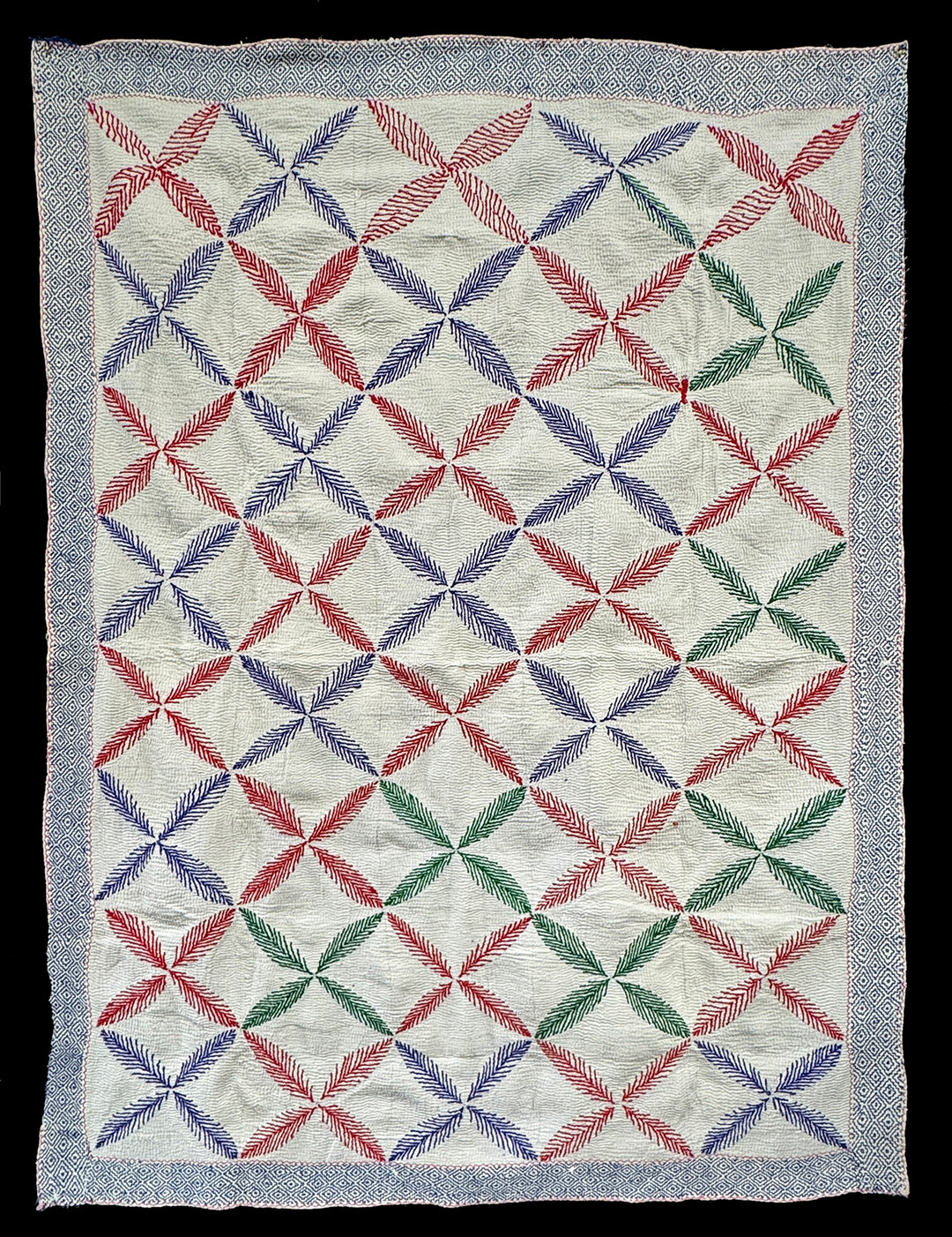 Vintage Kantha Blanket | Geometric 4- Leaf Pattern | West Bengal India
