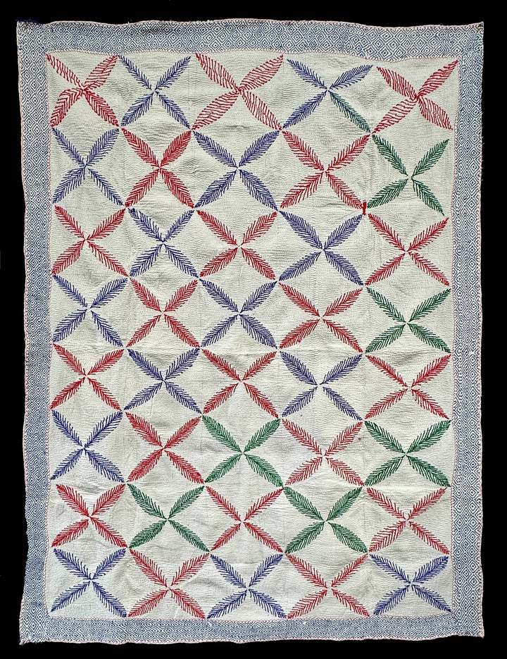 Vintage Kantha Blanket | Geometric 4- Leaf Pattern | West Bengal India