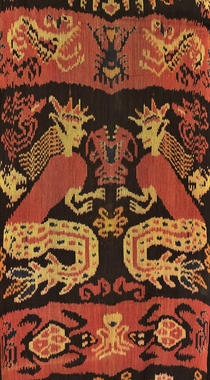 Sumba Ikat Hinggi, Black – Rooster, Deer & Ancestral Figures, Handwoven 24" × 97"