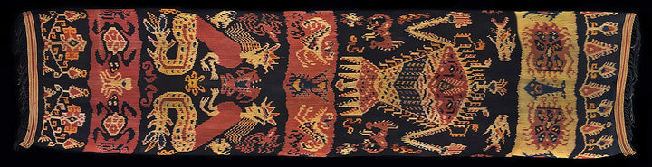 Sumba Ikat Hinggi, Black – Rooster, Deer & Ancestral Figures, Handwoven 24" × 97"