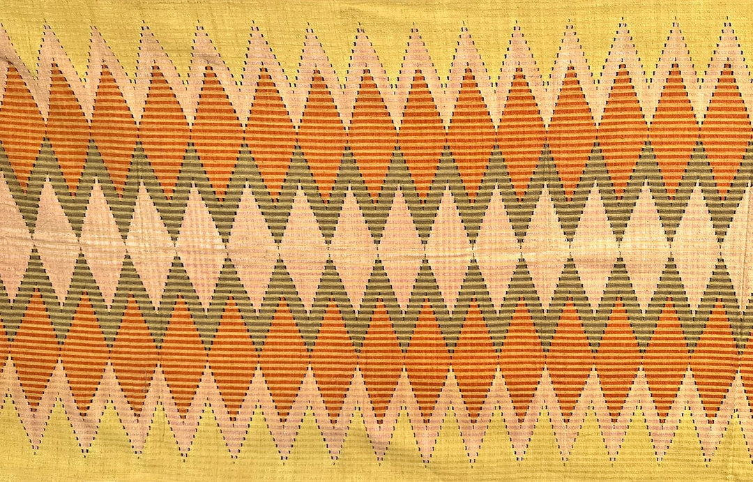 Tenun Gringsing Double Ikat Wall Hanging, Golden Yellow & Terracotta Diamond – Tenganan Bali Tenun Gringsing Ikat, Golden Yellow & Terracotta – Artistic Artifacts