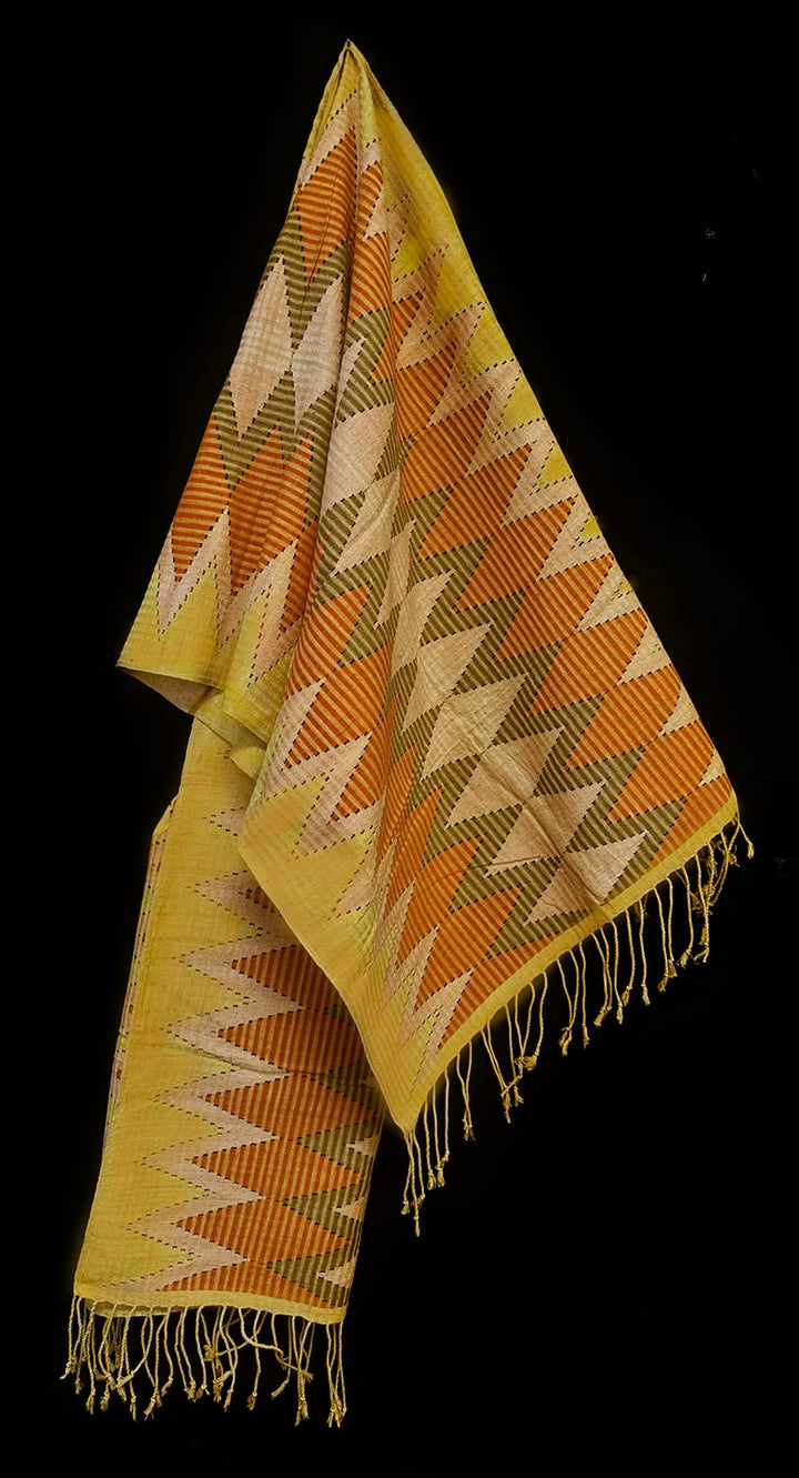 Tenun Gringsing Double Ikat Wall Hanging, Golden Yellow & Terracotta Diamond – Tenganan Bali Tenun Gringsing Ikat, Golden Yellow & Terracotta – Artistic Artifacts