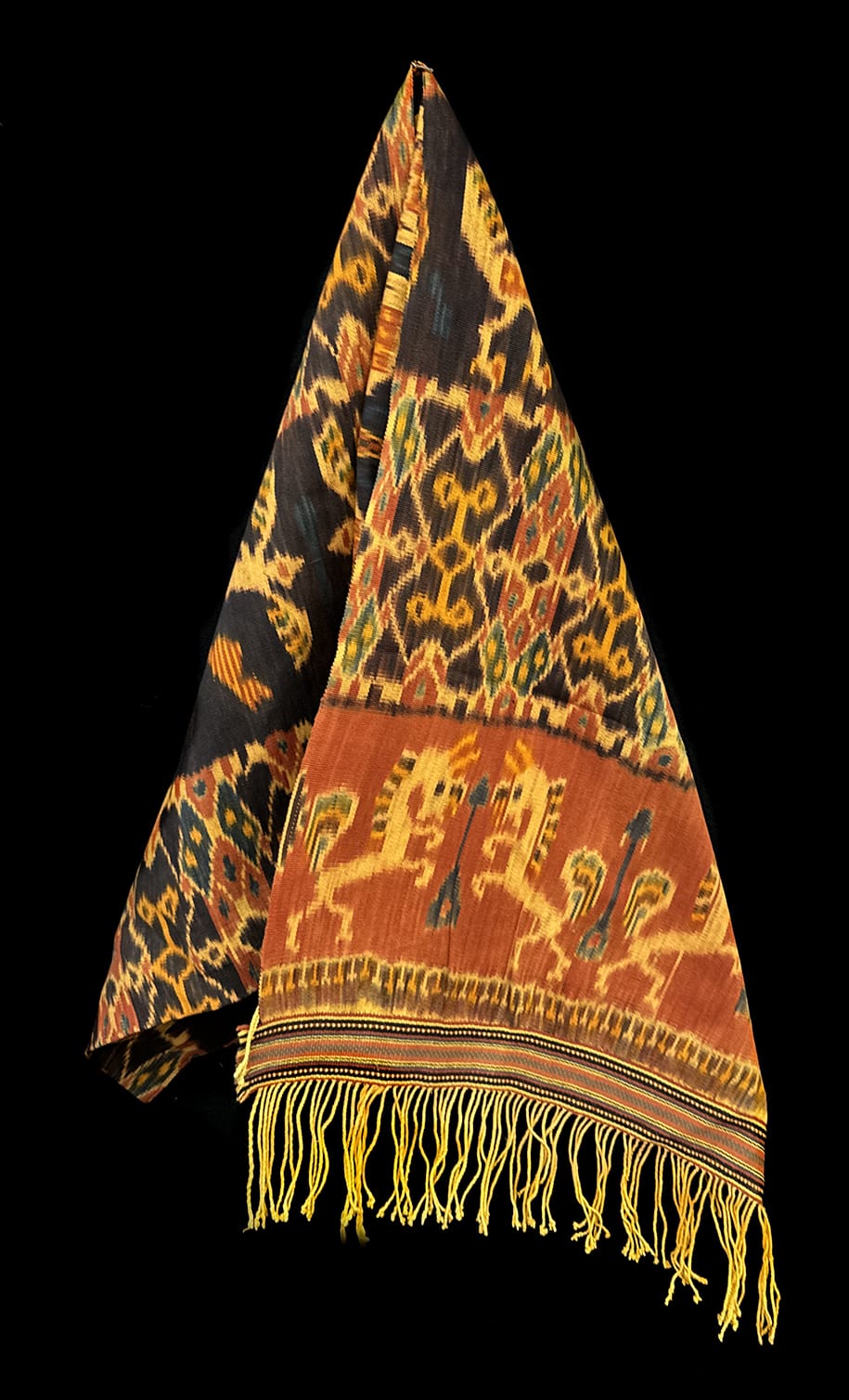 Sumba Ikat Wall Hanging with Horse Motif, Handwoven Tribal Textile from Indonesia Sumba Ikat Wall Hanging, Horse Motif – Artistic Artifacts